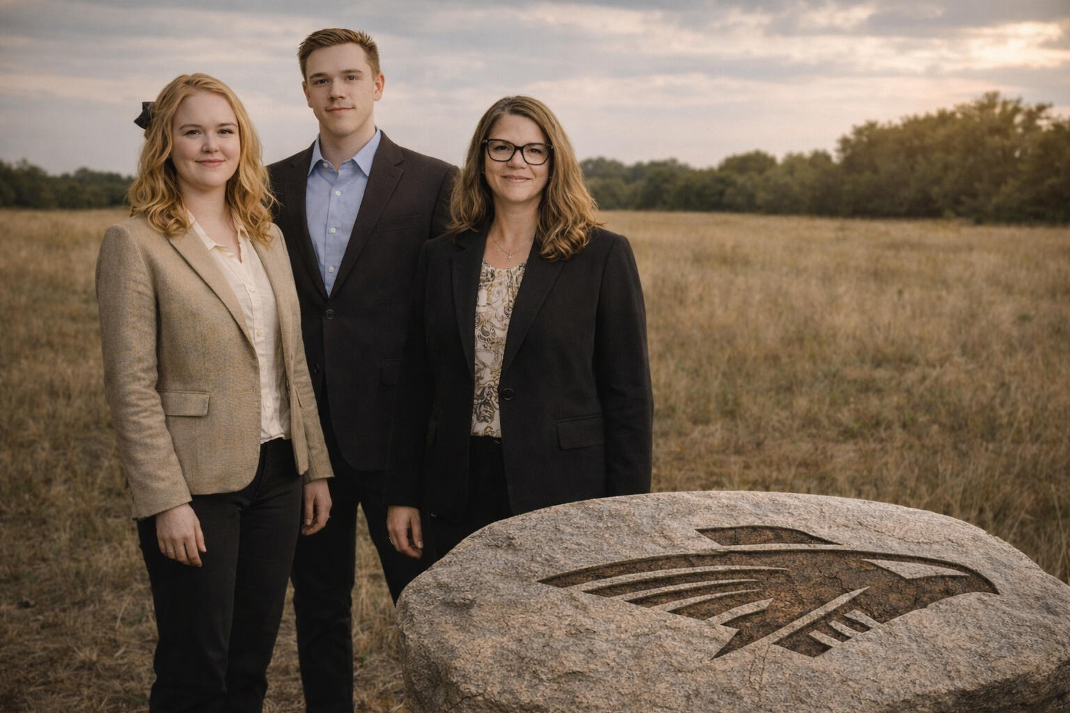 Falconer Consulting Leadership Team Three members of the Falconer Consulting team standing in a field beside a stone engraved with the Falconer logo, dressed in professional business attire.