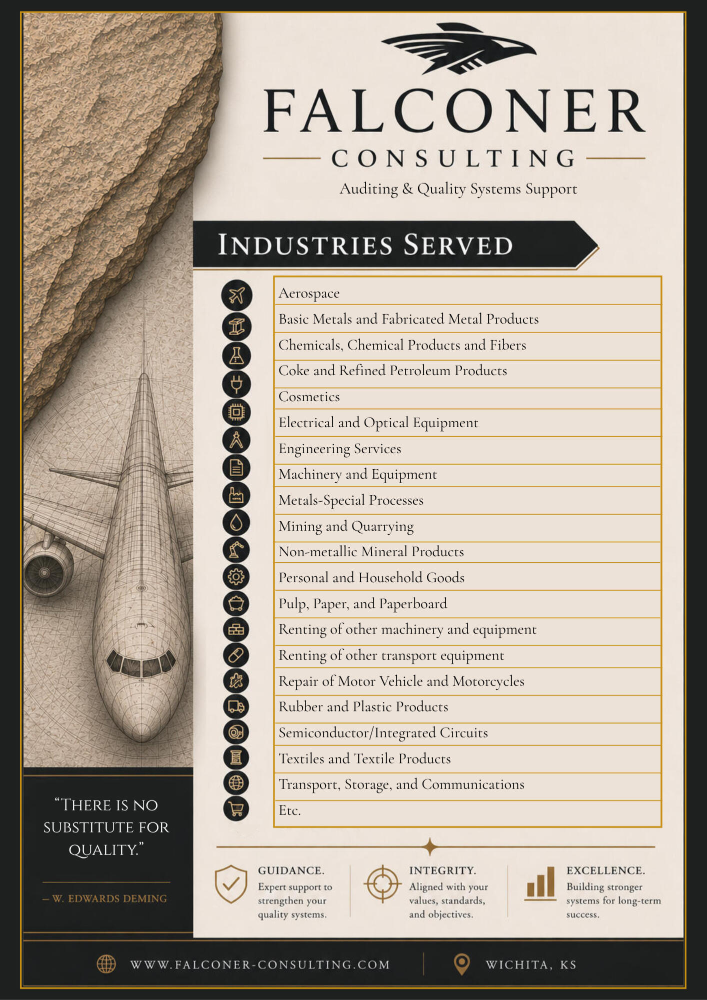 Falconer Consulting Industries Served Falconer Consulting flyer displaying industries served, including aerospace, engineering services, manufacturing, chemicals, machinery, metals, and quality systems support sectors.